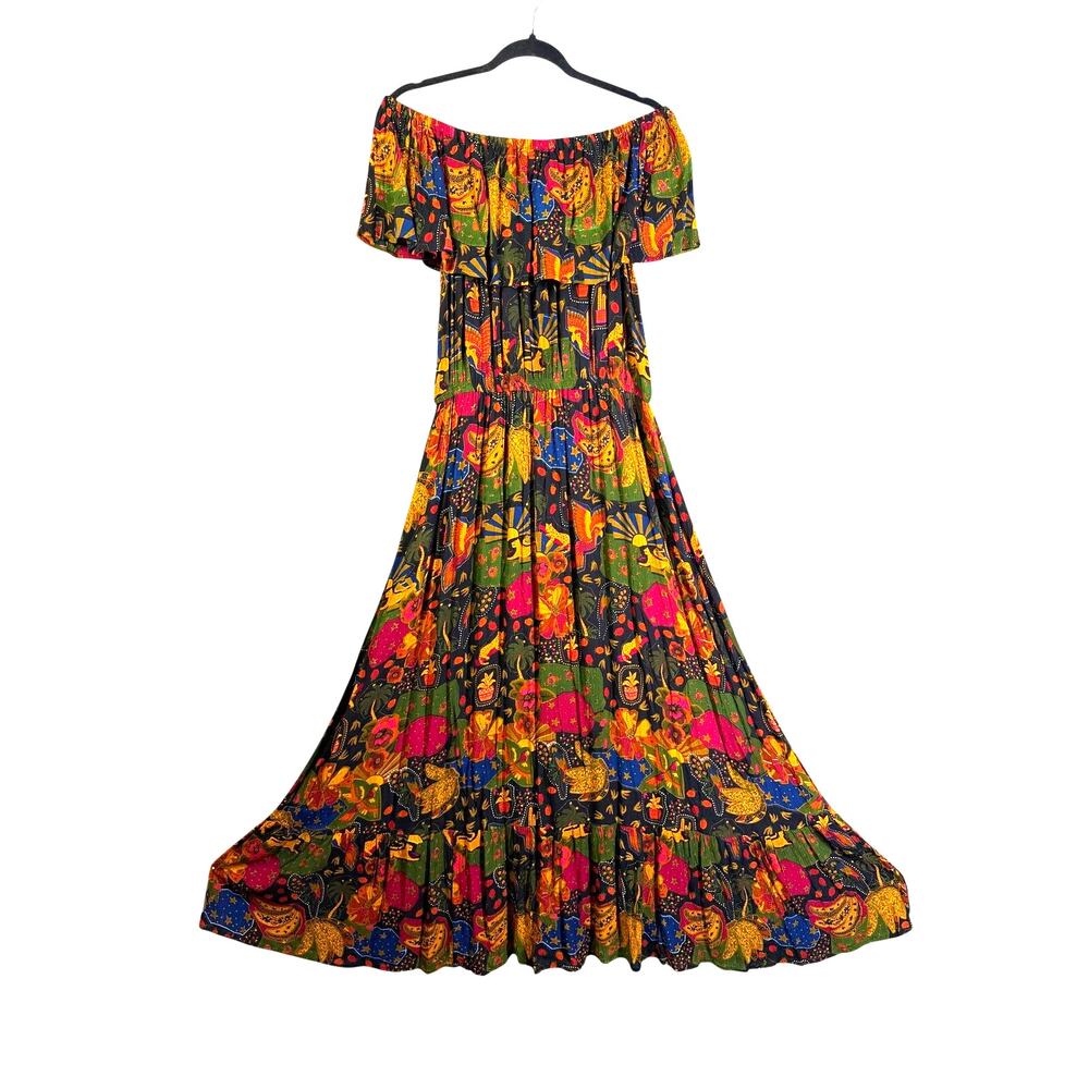 MARGAUX RIVIERA Dress Large‎ Off Shoulder Tribal Safari Ruffled Overlay Resort